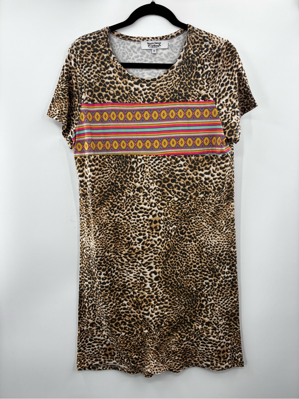 Rowdy Crowd Leopard Print Short Sleeve Dress with Multicolor Aztec size: Small